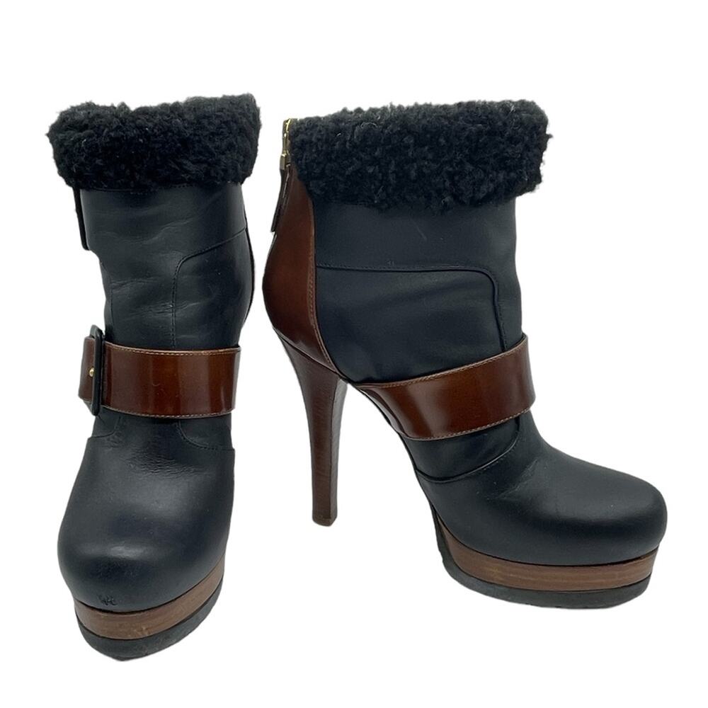 Fendi Moorland Shearling Boots Two Tone Black Brown Leather Bootie Size 36.5 6.5